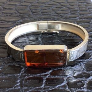 Amber Sterling Silver Hinged Bangle Bracelet Open Clasp Stone Unique
